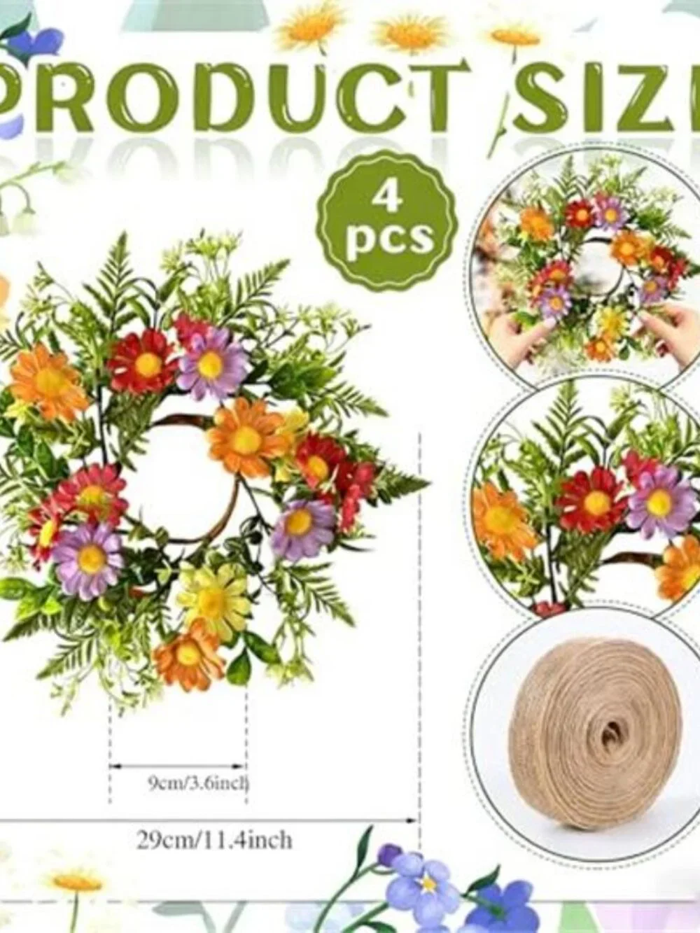 4 Pcs Mini Flowers Wreaths for Cabinets with Orange Red Purple Yellow Daisy